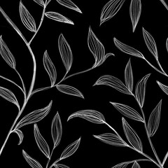 White leaves on a black background. Cute abstract pattern