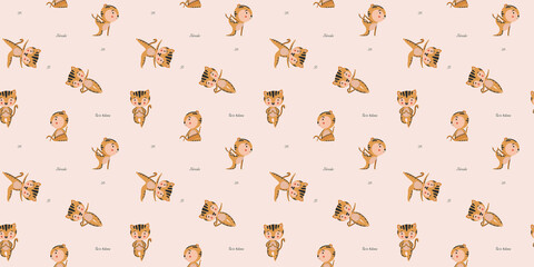 Childish seamless pattern of cartoon characters tiger cubs in yoga asanas and calligraphic quotes "Namaste", "Be in balance", "OM" on a beige background. Feline wellness. Vector.