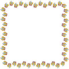 The cute square frame of cartoon multicolored characters butterflies on a white background. The border with a place for the text of beautiful summer insect. Vector.