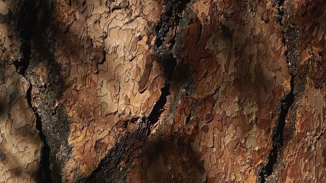 Sunlit pine tree bark showing rich brown tones and deep natural texture in close-up. Slider right to left.