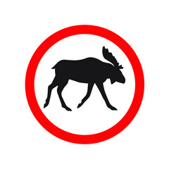 Vector warning road sign with moose silhouette in red circle isolated on white background