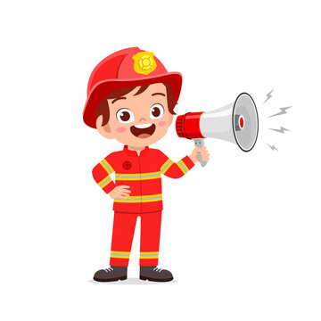 Happy Cute Little Kid Wearing Firefighter Uniform And Holding Megaphone