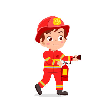 happy cute little kid wearing firefighter uniform and holding fire extinguisher