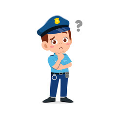 happy cute little kid boy wearing police uniform and thinking with question mark