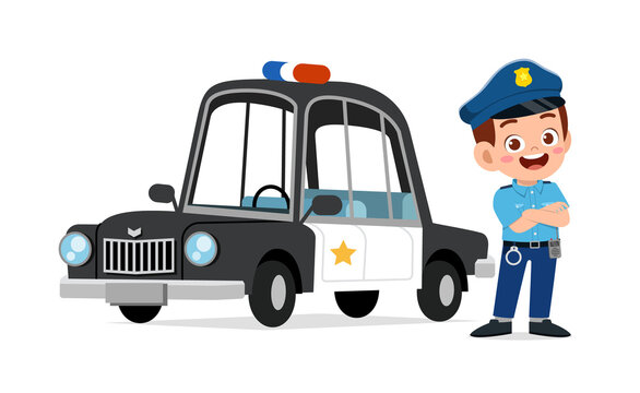 happy cute little kid boy wearing police uniform and stand beside car