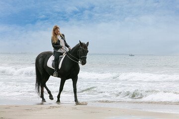 Fototapeta na wymiar young woman on a horse on the beach