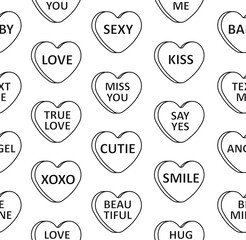 Vector seamless pattern of flat cartoon Valentine’s sweet candy with love text isolated on white background