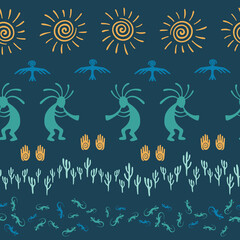 Aborigine, design with lizard, Kokopelli fertility deity, sun, eagle, cacti.