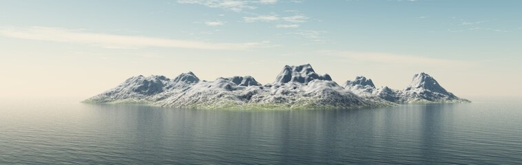 Fototapeta na wymiar Island of rocks in the ocean, snowy peaks in the sea, mountain island on the horizon, panorama of the ocean landscape with an island, 3D rendering