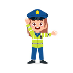 happy cute little kid girl wearing police uniform and manage traffic