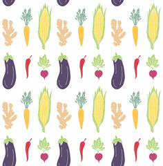 Vector seamless pattern of different color vegetables isolated on white background