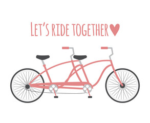 Vector flat cartoon double bicycle and lettering isolated on white background. Valentine’s Day illustration