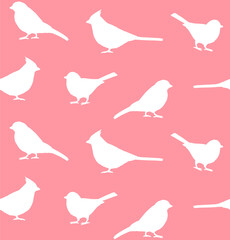 Vector seamless pattern of white little birds silhouette isolated on pink background