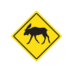 Vector warning road sign with moose silhouette isolated on white background