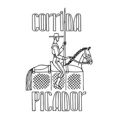 picador on horseback, the character of the Spanish bullfight, for logo, emblem and posters, vector illustration with black contour lines isolated on a white background in cartoon and hand drawn style