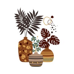 A bouquet of palm leaves and exotic flowers. South African and tropical plant in a vase. Ornament on a vase. Interior. Vector illustration. For posters, brooches, cards, covers, badges, notebooks.