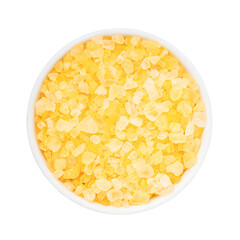 SPA concept. Yellow bath salt in bowl isolated over white with clipping path.