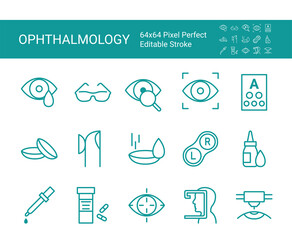 Set of icons of ophthalmology. Editable vector stroke. 64x64 Pixel Perfect.