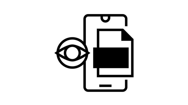 reading pdf file on mobile phone animated black icon. reading pdf file on mobile phone sign. isolated on white background