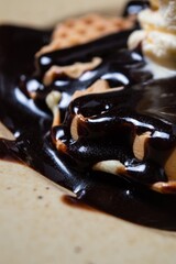 Chocolate waffles with banana toping