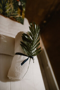 Decoraci&oacute;n del spa con una toalla y una hoja verde encima en interiores. 