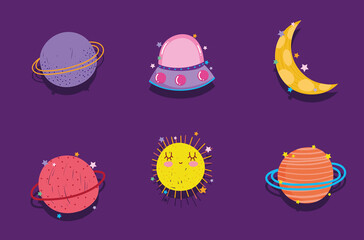 space planet moon ufo adventure explore cartoon icons
