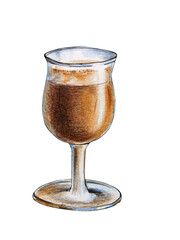 Glass of Latte macchiato coffee with whipped cream. Hand drawn with watercolor pencils. engraving illustration for label, web, poster. Isolated on white background