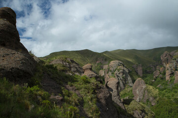 Wilderness. Panorama view of the mountains, green forest and rock formations called Los Terrones, in Cordoba, Argentina.