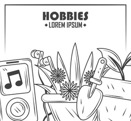 hobbies, gardening and listening music sketch style
