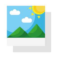 pictures with mountains and sun scene flat style icons vector illustration design