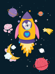space koala in rocket moon star and planets adventure explore animal cartoon