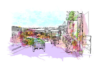 Building view with landmark of Dehradun is the
city in India. Watercolour splash with hand drawn sketch illustration in vector.