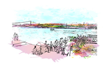 Building view with landmark of Dehradun is the
city in India. Watercolour splash with hand drawn sketch illustration in vector.