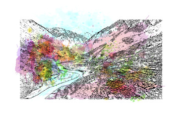 Building view with landmark of Dehradun is the
city in India. Watercolour splash with hand drawn sketch illustration in vector.