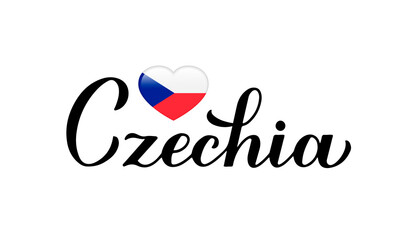Czechia calligraphy hand lettering isolated on white. Czech flag in shape of heart. Easy to edit vector template for typography poster banner, flyer, sticker, shirt, postcard, etc