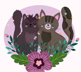 cute cats with decorative flowers foliage nature, pet cartoon