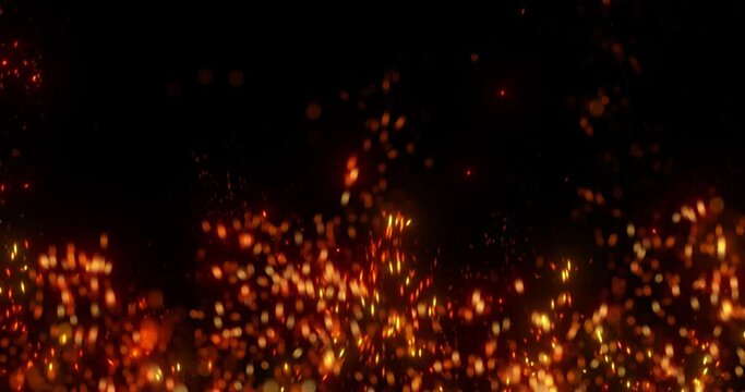 Stylized embers and sparks burning hot bonfire on a dark background. Abstract fire motion graphic. Raging Flames, particles over black background. Flying Embers from fire. 3D render, 4K loop
