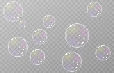 Vector soap bubble. Realistic soap bubble png, glare. Foam bubbles png. Powder, soap, detergent. Vector image.