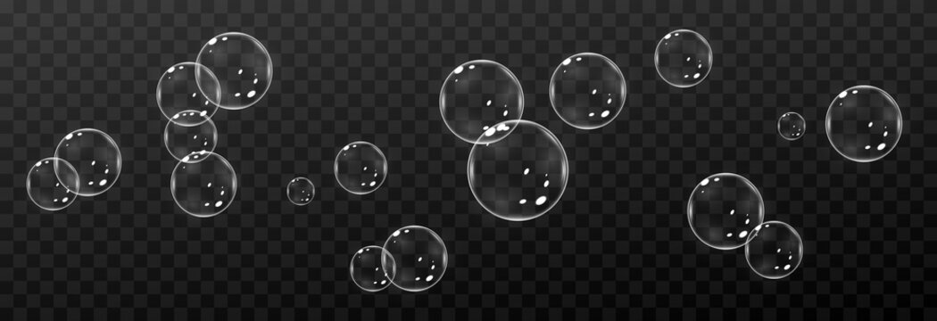 Vector soap bubble. Realistic soap bubble png, glare. Foam bubbles png. Powder, soap, detergent. Vector image.