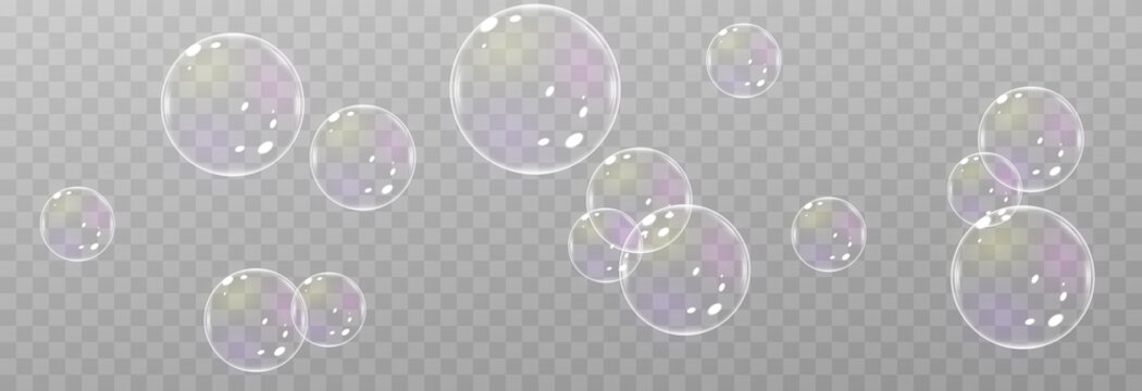 Vector soap bubble. Realistic soap bubble png, glare. Foam bubbles png. Powder, soap, detergent. Vector image.