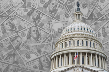 The United States of America USA Capitol building in Washington D.C. is shown superimposed over a collection of 100 dollar bills, with room for text or copy to the left.