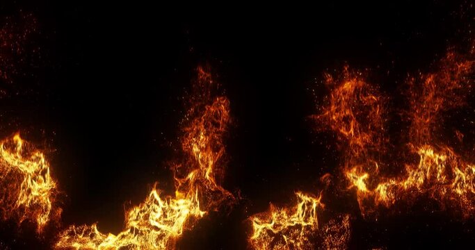 Abstract stylized flames and particle on black background. hot plasma motion effect. 3D render, 4K loop