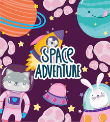 space animals with spacesuit rocket and planet adventure explore cartoon