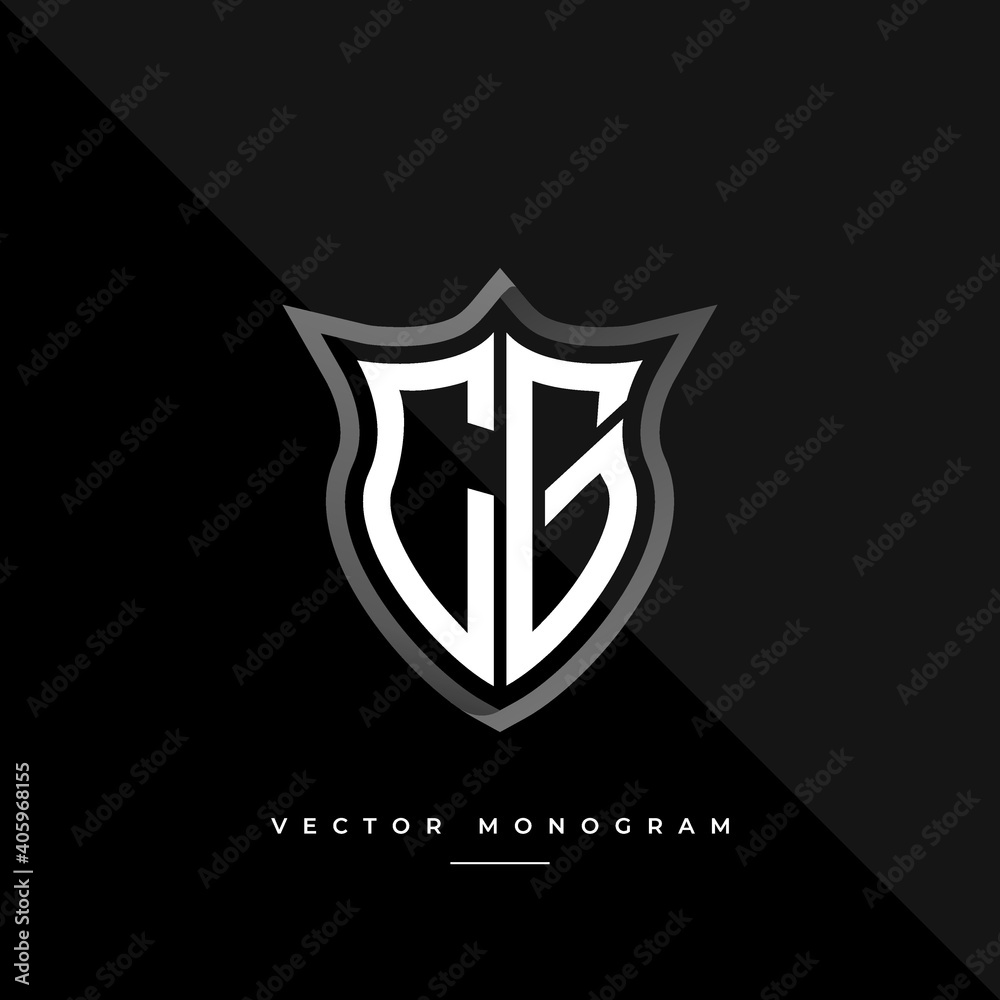 Fototapete trendy cg monogram on the shield isolated on dark background. silver flat c and g initial logo busin