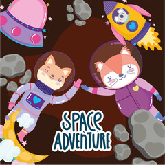 space cat fox and koala spaceship ufo rocket adventure explore animal cartoon
