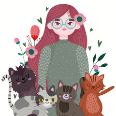 beauty woman cartoon with various cats, animals pet