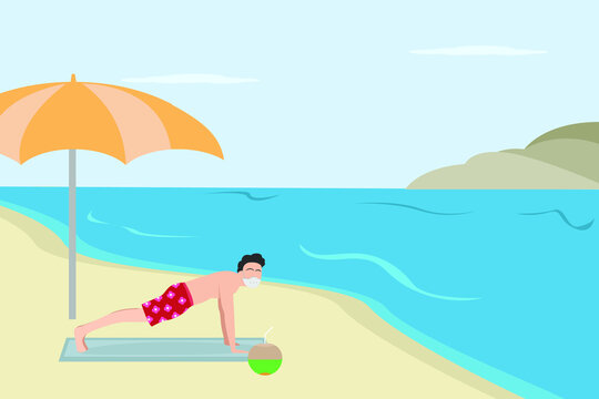 Man working out at beach 2D flat vector concept for banner, website, illustration, landing page, flyer, etc