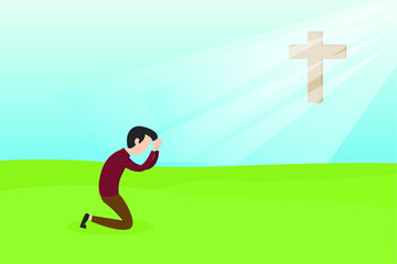 Christian young man praying 2D flat vector concept for banner, website, illustration, landing page, flyer, etc