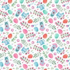 Spring easter seamless pattern with hand drawn watercolor illustration: easter eggs, birdhouse, green branches and flowers
