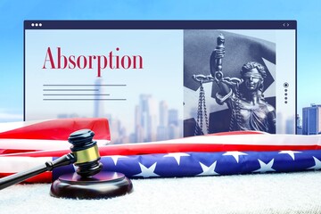 Absorption. Judge gavel and america flag in front of New York Skyline. Web Browser interface with...